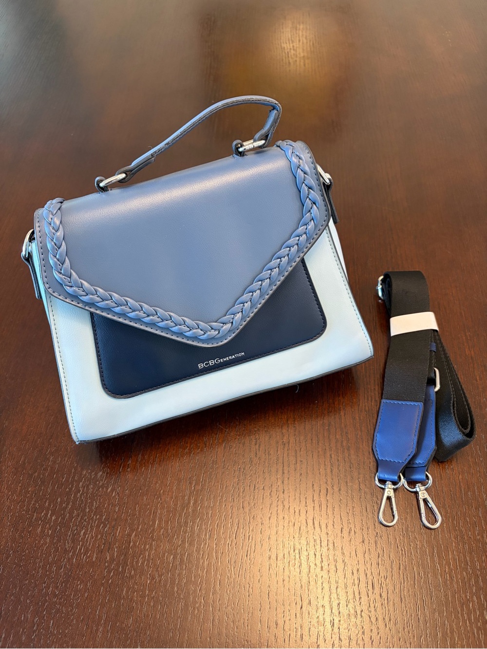 BCBGeneration Blue and Light Blue Braided Flap Satchel with Strap